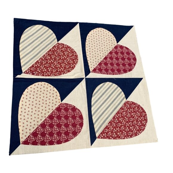 Vintage Handmade Quilt Top Block with Heart Pattern Red White & Blue 16.25” x 16 - Picture 1 of 6